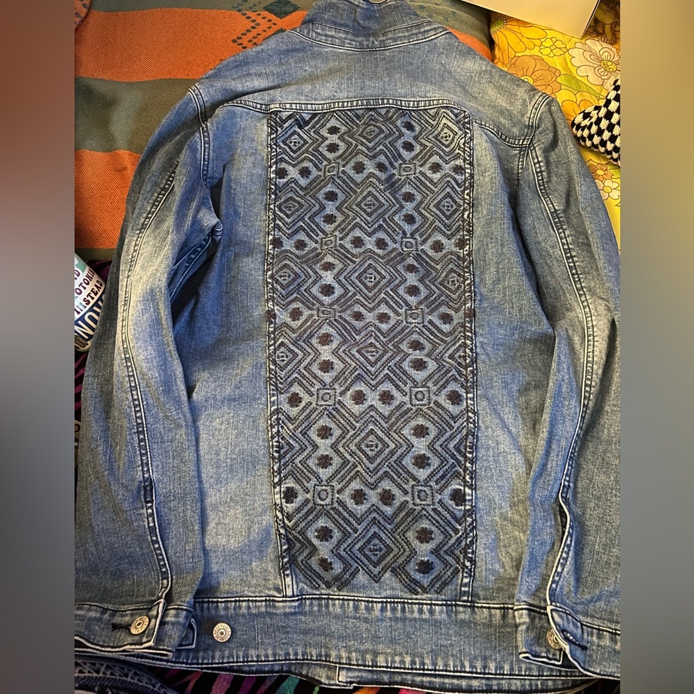 LuLaRoe Blue Denim Jacket with Embroidered Geometric Back Panel